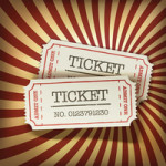 Cinema tickets on retro rays background, vector.